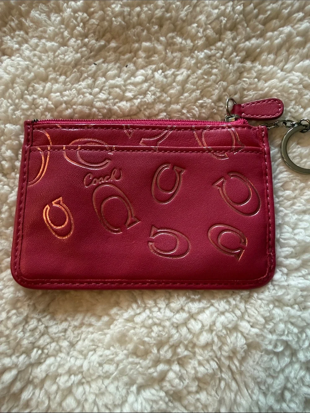 Coach Hot Pink Signature Zip Card Case with Key Ring